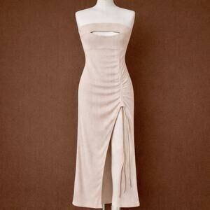 Women’s Dress Small Beige Strapless Cutout Bandeau Slit Ribbed Maxi Bodycon R2